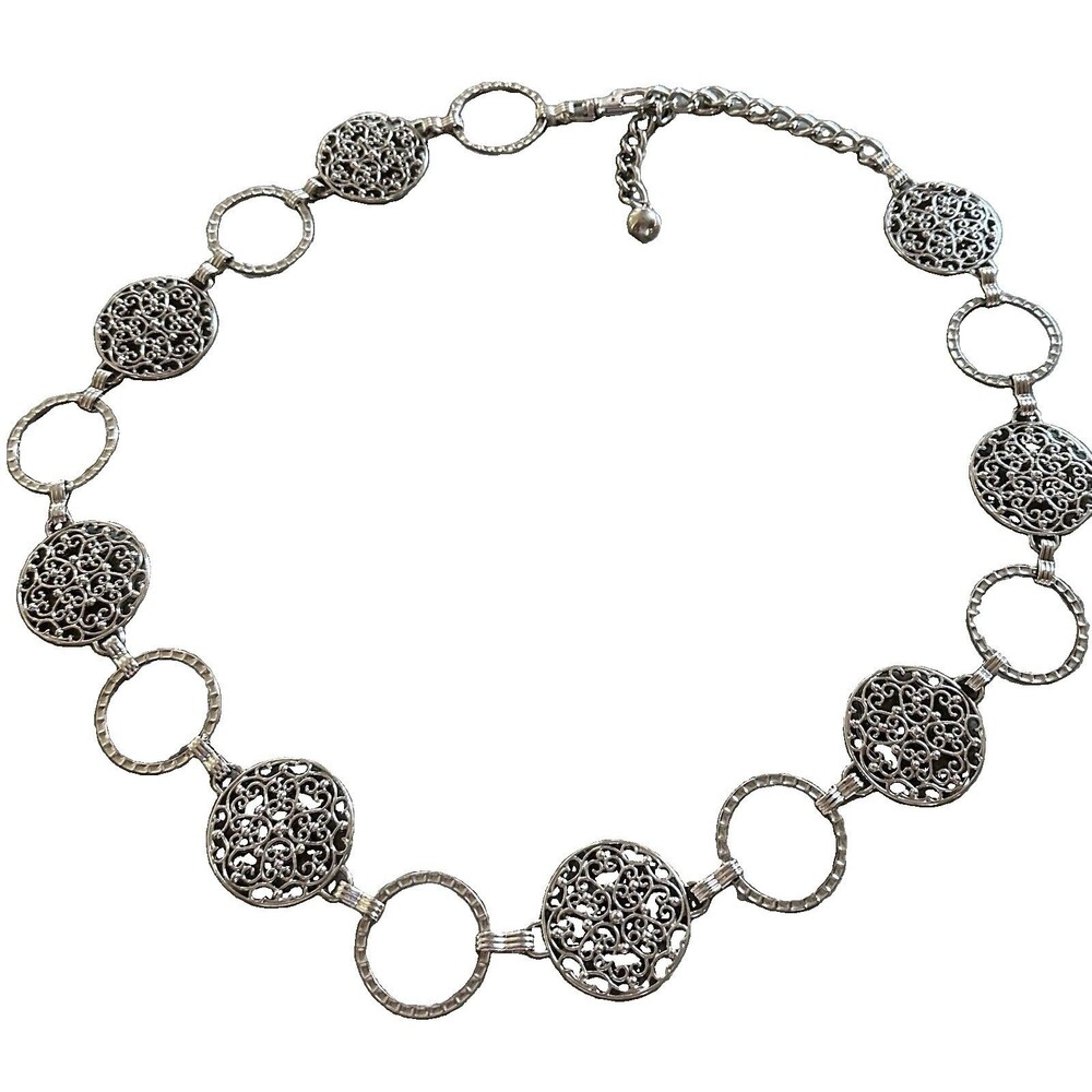 Silver Tone Filigree Chain Link Belt Adjustable 46 Inch Boho Hip Concert Belt